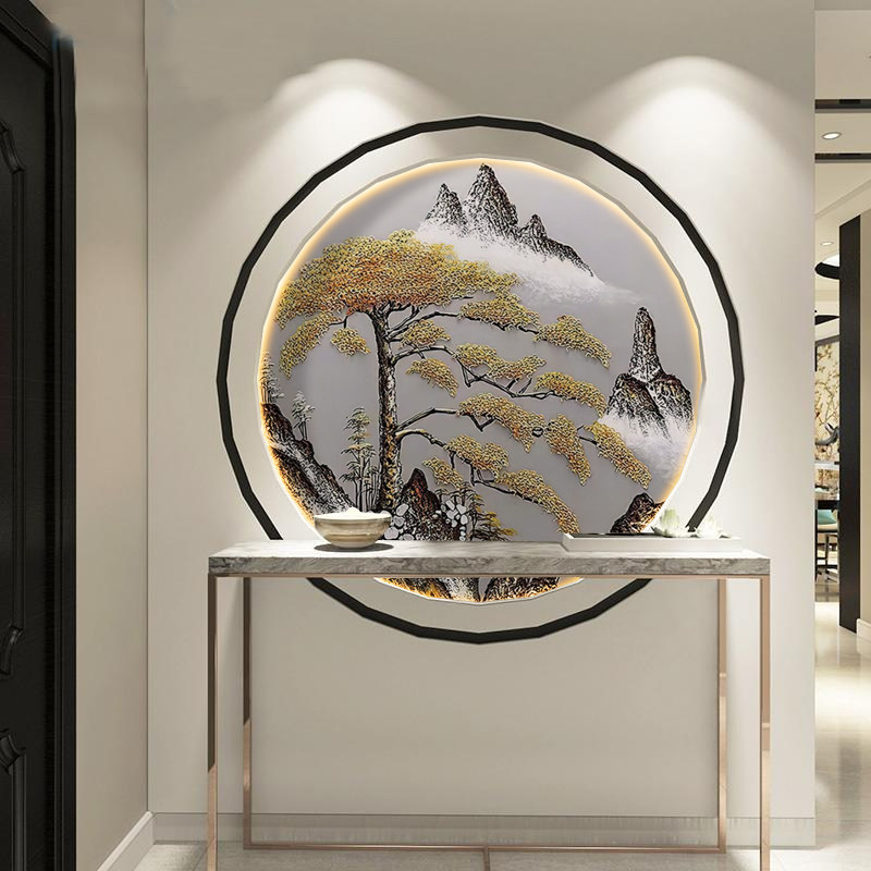 迎客松圆形玄关装饰画新中式高档山水书房茶室高端画墙纸壁纸壁画,家装主材,无纺布墙纸,淘宝优惠券,粉丝福利购,淘宝优惠卷