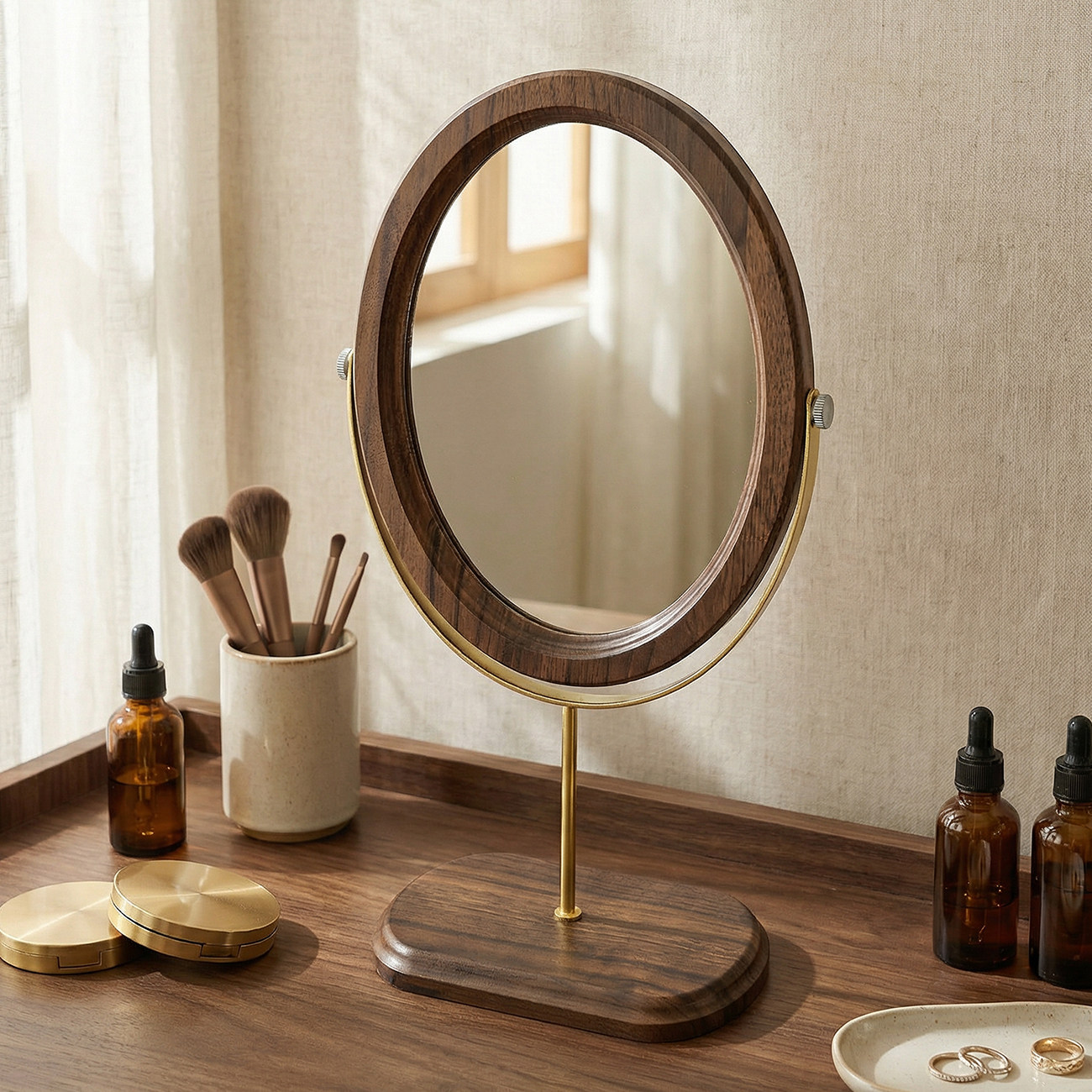 简约复古台式化妆镜木质椭圆形金属边框梳妆镜主卧室桌面实木镜子,住宅家具,化妆镜,淘宝优惠券,粉丝福利购,淘宝优惠卷