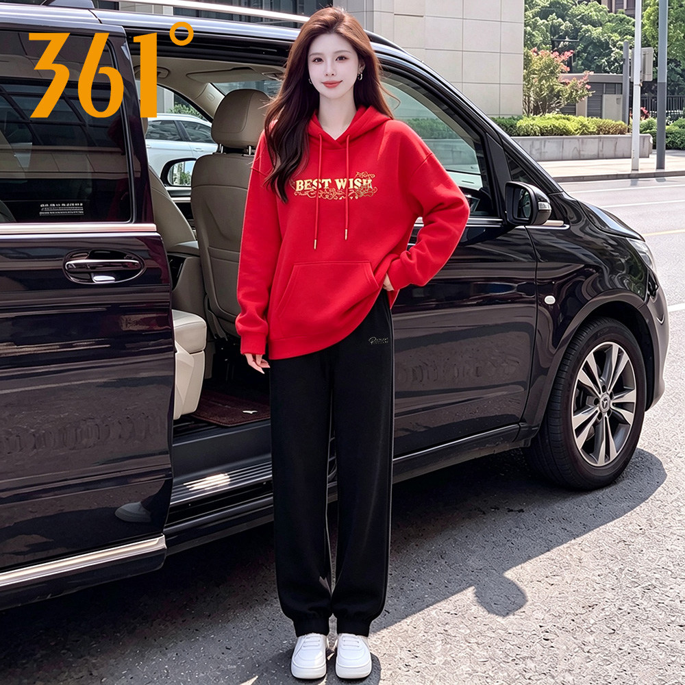 361度红色卫衣套装女春秋2026新款连帽上衣长裤针织运动服两件套