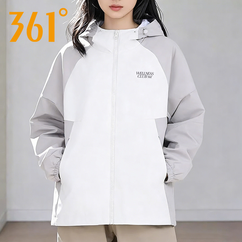 361度运动外套女款2026春季新款连帽开衫撞色夹克户外双层风衣女