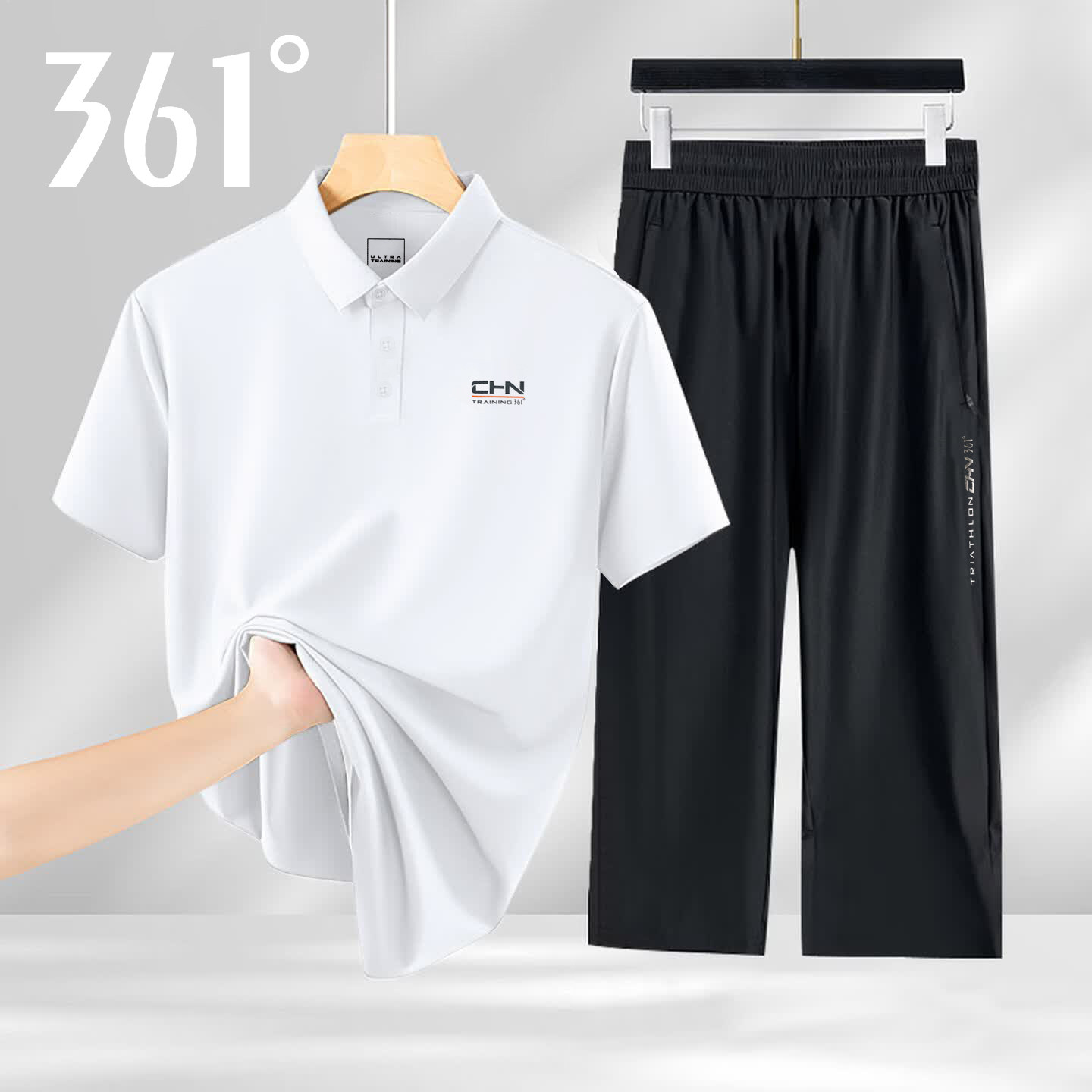361度运动套装男夏季短袖POLO衫七分裤速干冰丝爸爸夏天休闲套装