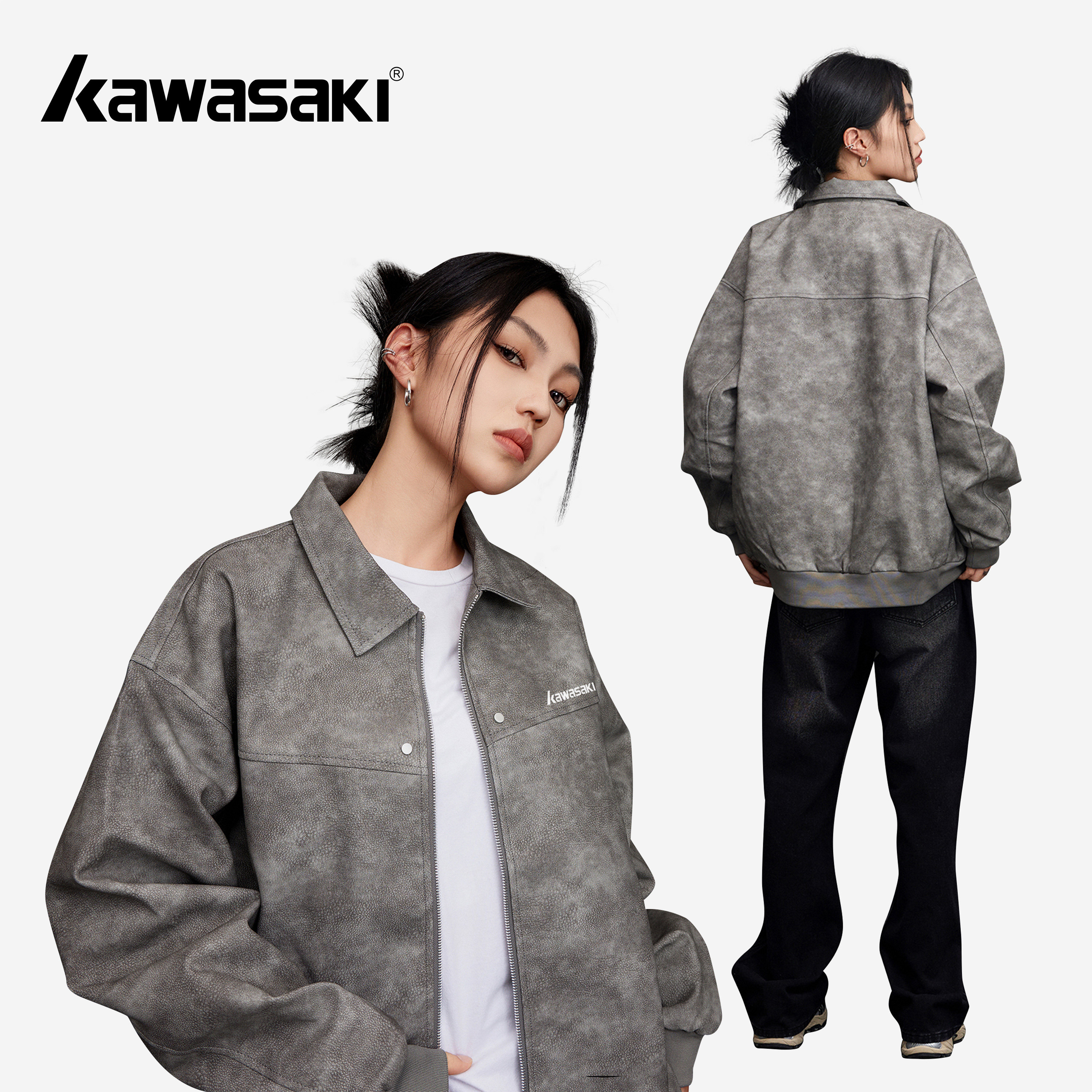 Kawasaki川崎美式水洗皮衣夹克