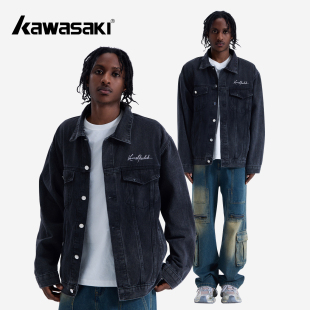 字体绣花做旧单排扣落肩翻领牛仔外套男女同款 Kawasaki川崎 美式
