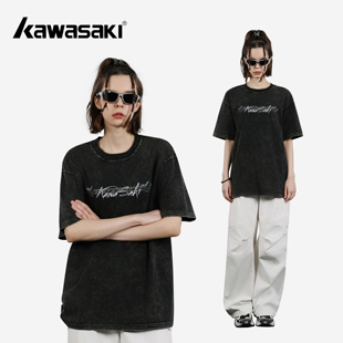 T恤男女同款 落肩袖 水洗做旧斑驳宽松重磅休闲短袖 Kawasaki川崎