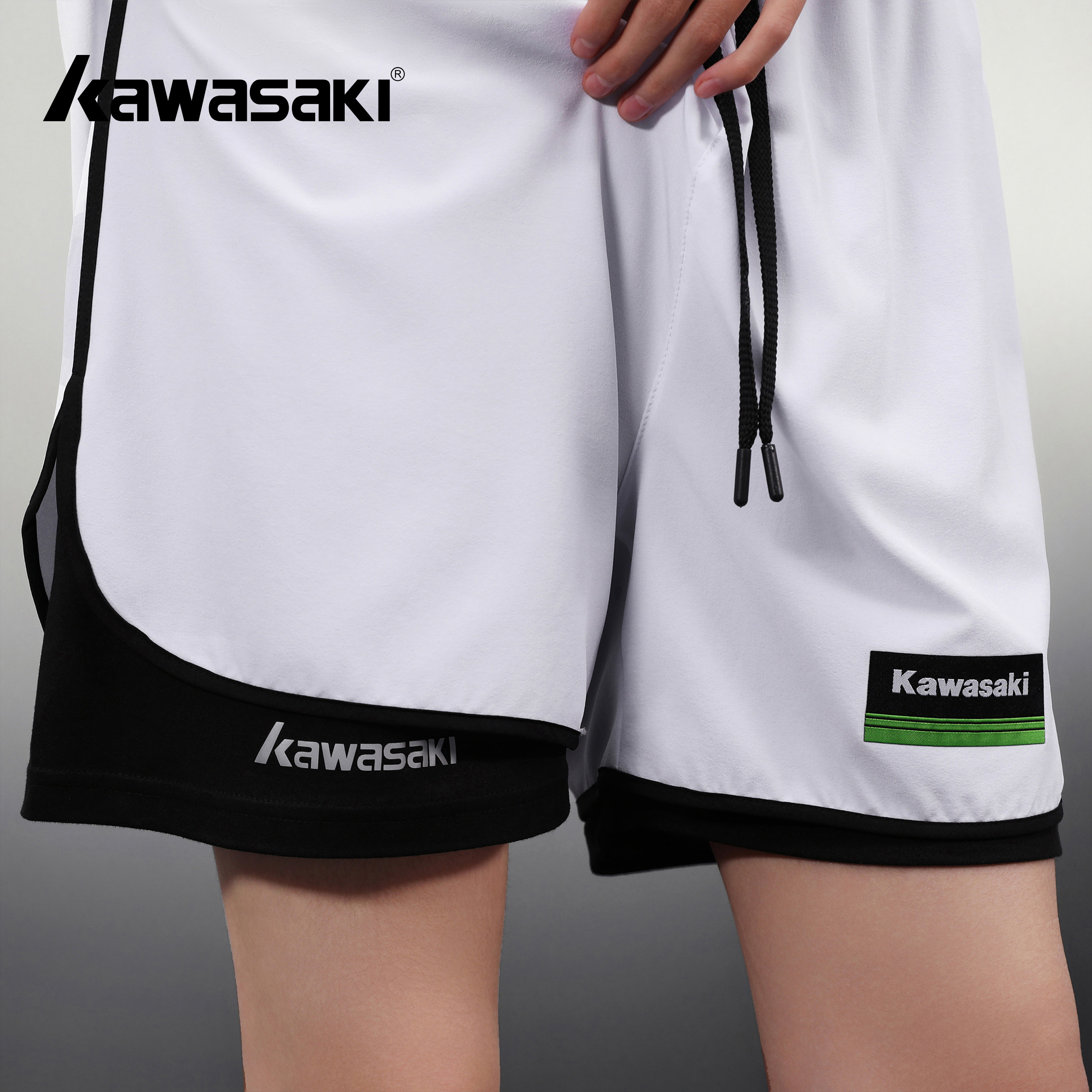 Kawasaki川崎 假两件训练运动透气五分速干篮球休闲短裤男女同款