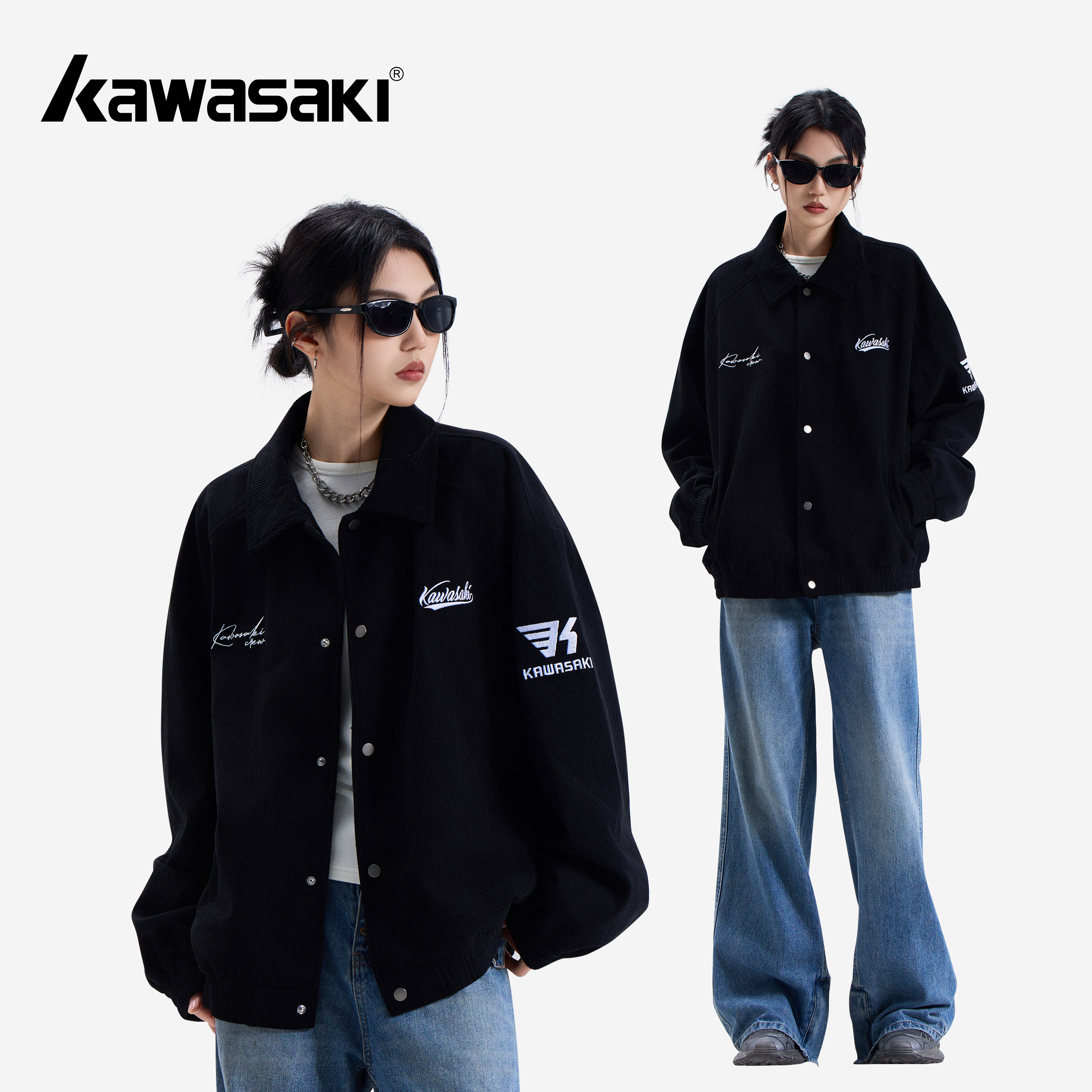 Kawasaki川崎刺绣版翻领教练夹克