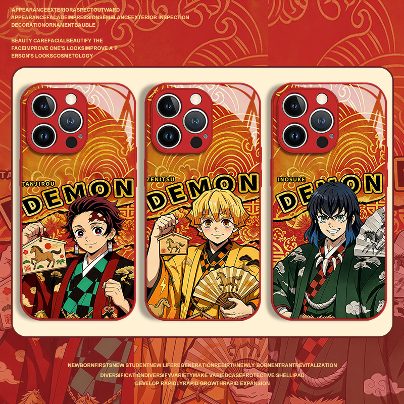 鬼灭之刃适用苹果17手机壳iphone16promax动漫15新年14plus马年13mini玻璃12新款11红色x二次元8男xr/xs/7/se