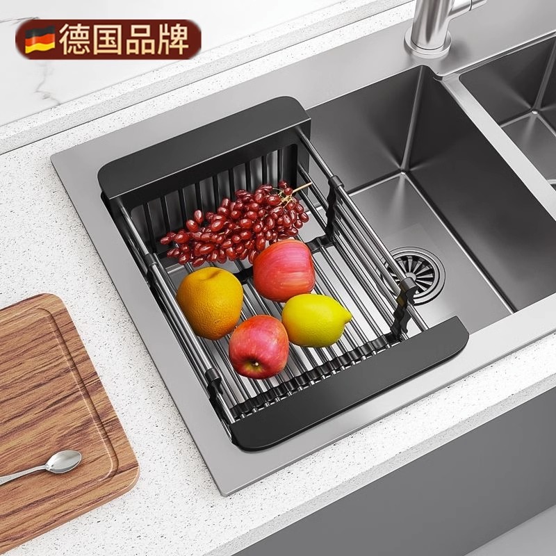 洗碗池水槽沥水架304不锈钢洗菜盆沥水篮长方形漏池可伸缩厨房筐