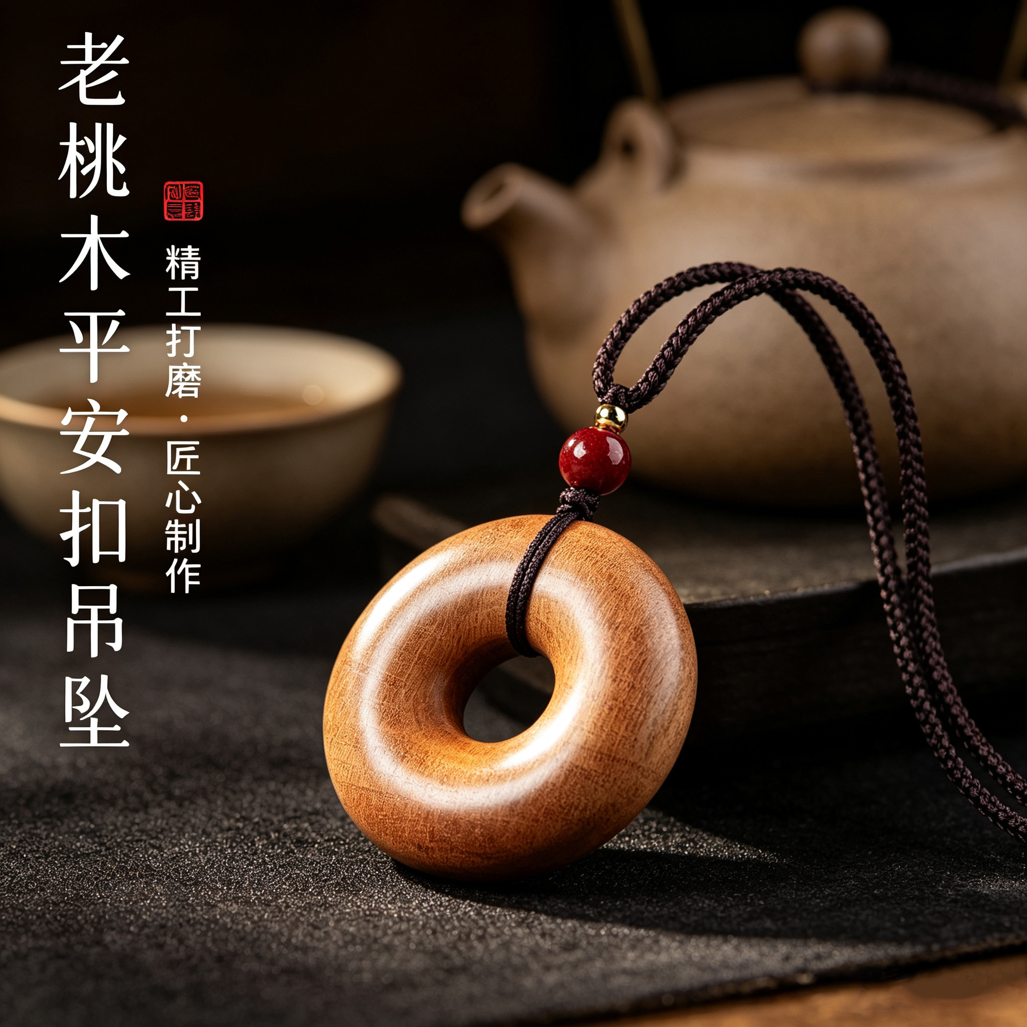老桃木平安扣本命年转运吊坠