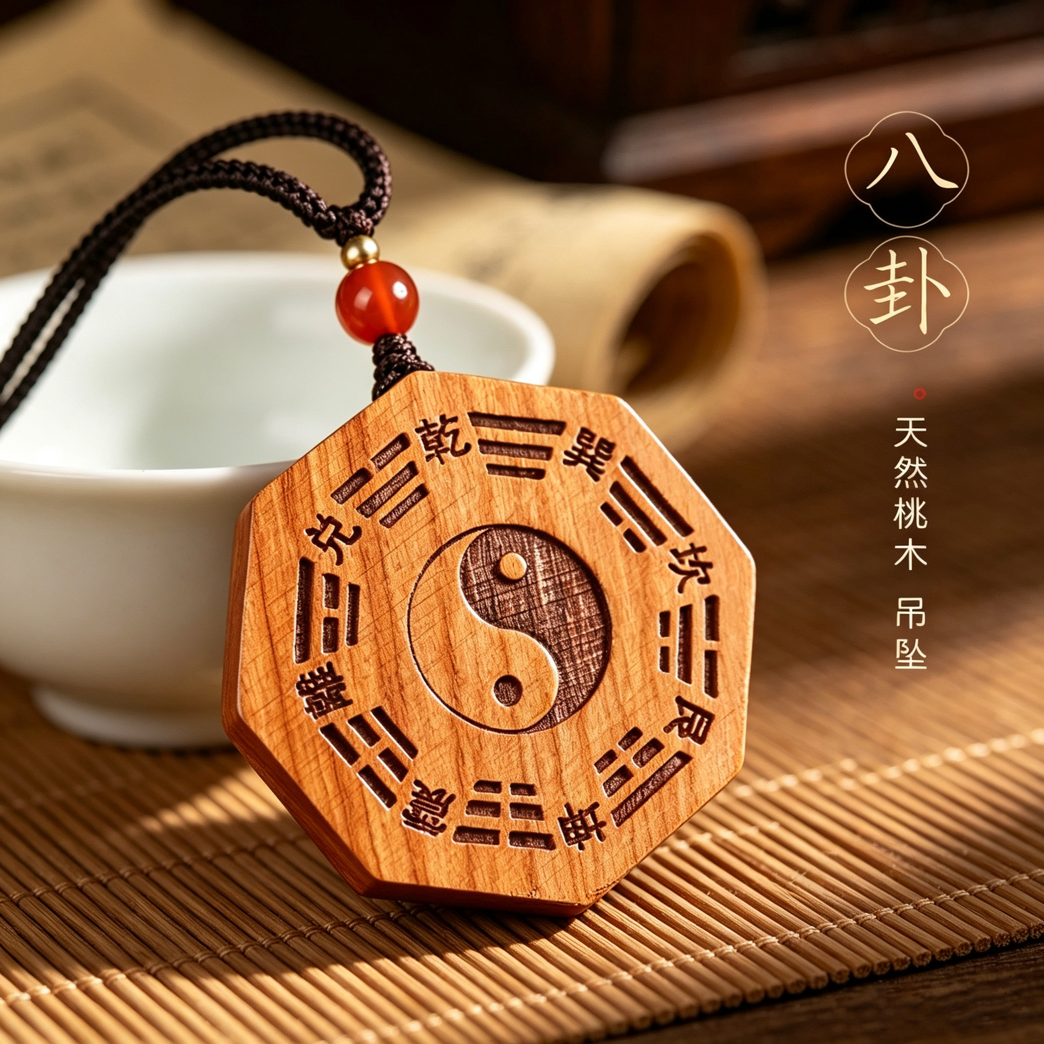 天然老桃木八卦太极护身符吊坠