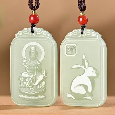 碧玉双面雕刻男十二生肖守护神玉佩文殊普贤菩萨本命佛玉吊坠礼物