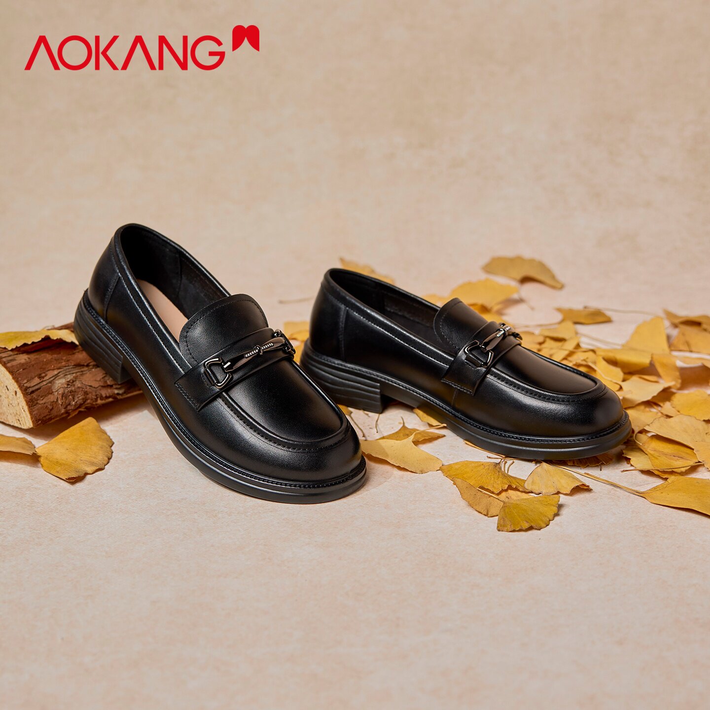 奥康 乐福鞋女真皮软底粗跟百搭不累脚通勤皮鞋英伦休闲平跟鞋子