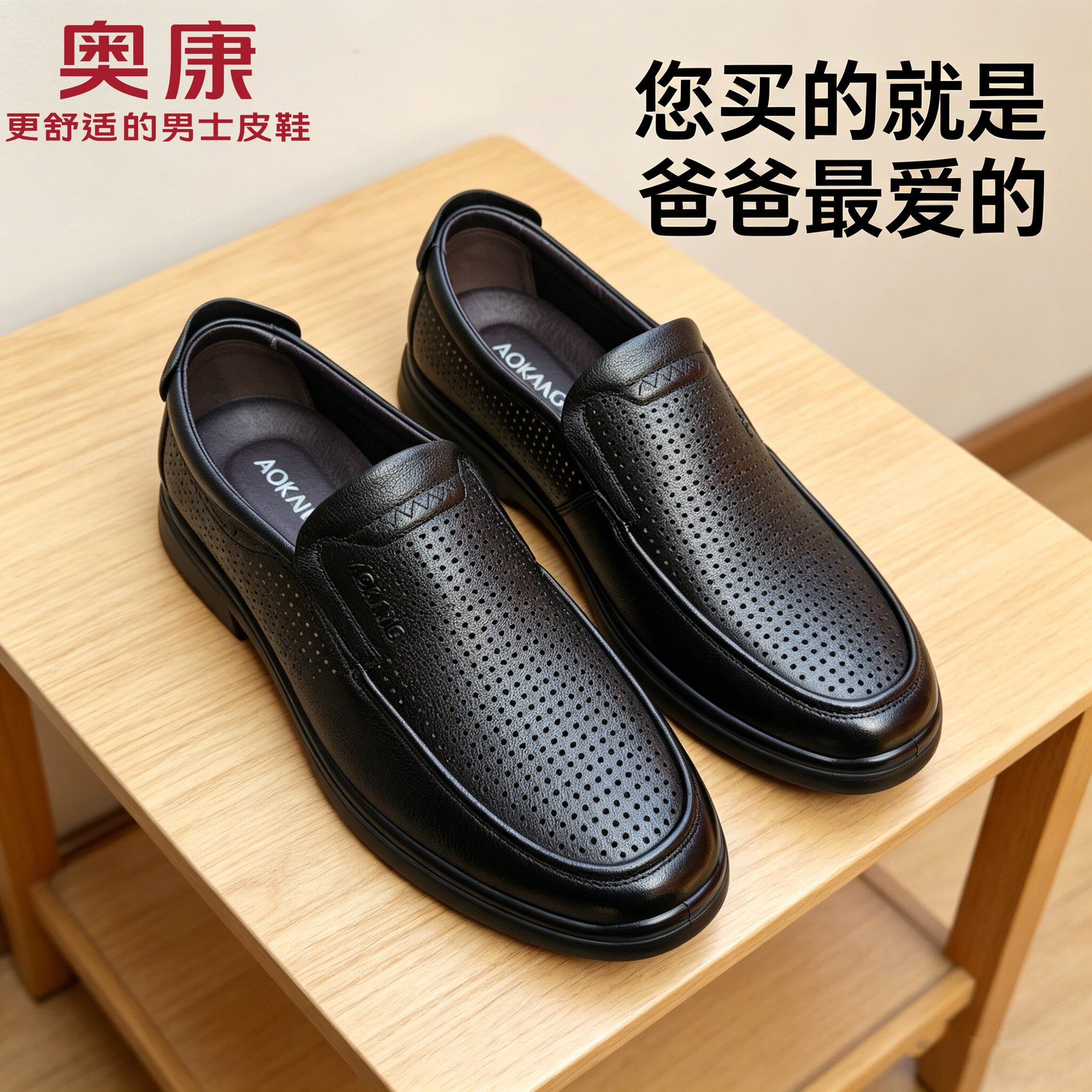 奥康夏凉男鞋2026新款男士镂空皮鞋男夏薄款透气真皮爸爸鞋一脚蹬