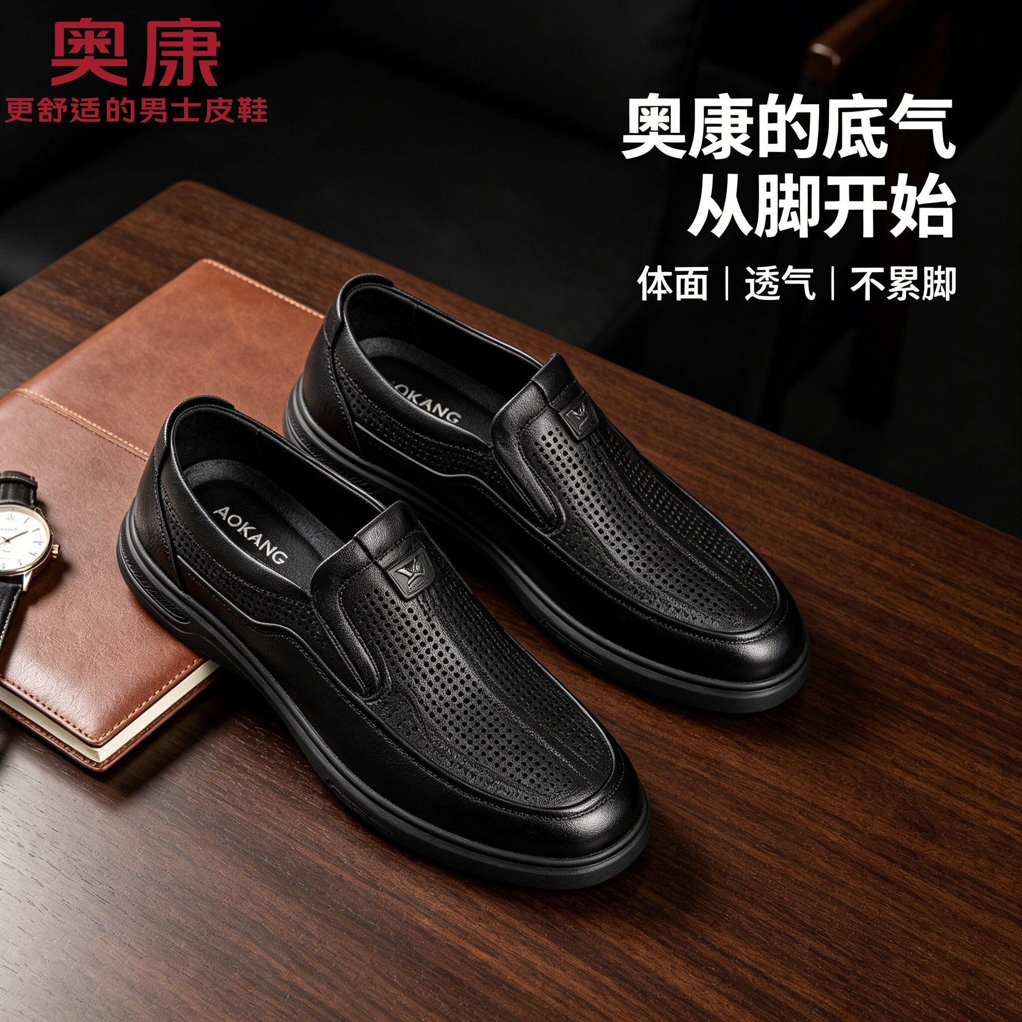 奥康高端男鞋2026新款夏季真皮透气男士一脚蹬软底薄款镂空皮鞋男