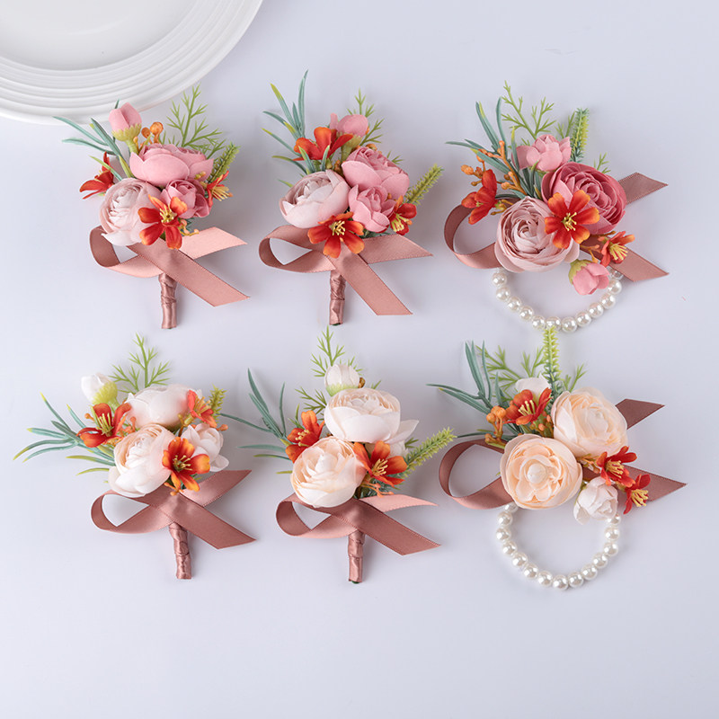 豆沙粉胸花婚礼商务襟花高级手花