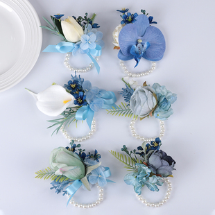 蓝色系马蹄莲伴娘手腕花新娘结婚婚礼姐妹团手花伴郎胸花儿童演出