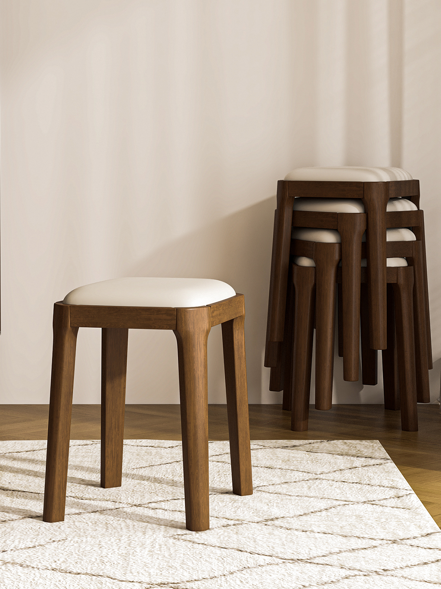 实木凳子家用可叠放软包板凳客厅木头矮凳简约现代小方凳餐桌椅子