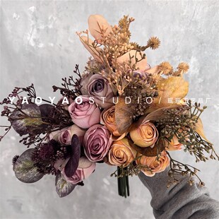 精选欧式复古仿真花 烤边玫瑰花束假花摆件餐桌花花艺拍照道具手