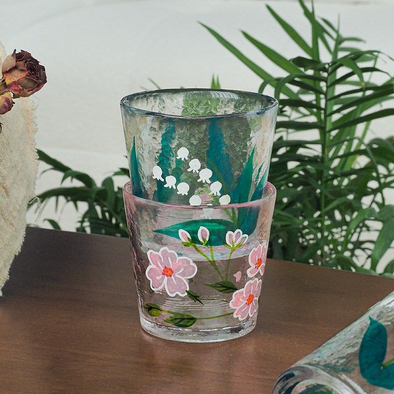 精选索厨日式小清新锤纹手绘玻璃杯手捏肌理精致创意水杯清酒威士