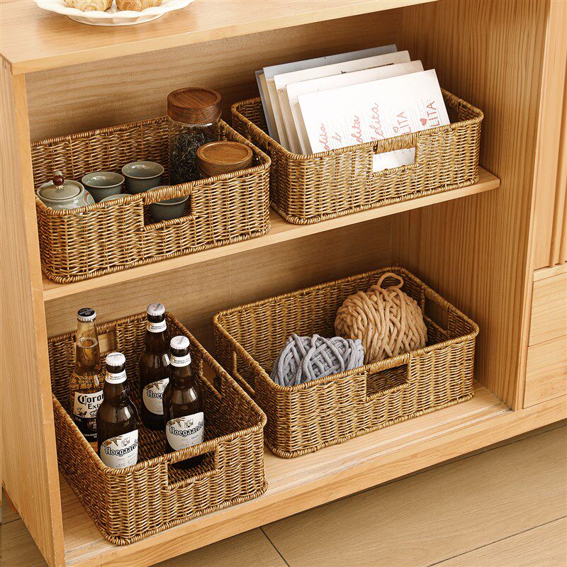 精选彷藤编编织收纳筐客厅电视柜抽屉茶几储物篮筐桌面零食杂物收