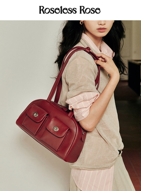 RoselessRose怦怦波士顿包大号双口袋头层植鞣皮单肩腋下包大容量