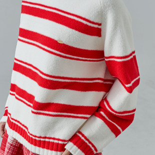 YIIKS冬季毛衣显白仿驼绒红白条纹圆领长毛毛衣舒适亲肤保暖显瘦