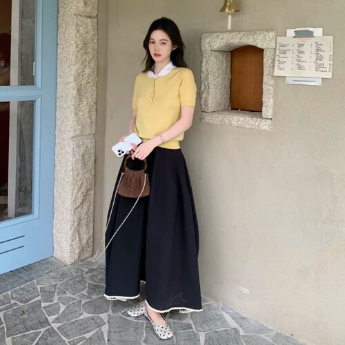 YIIKS原创春夏 黑色纸感立裁花边A字半裙口袋长裙质感百搭度假