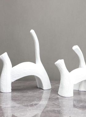 新中式白色艺术猫摆件样板房售楼部卧室书房客厅桌面玄关家居饰品