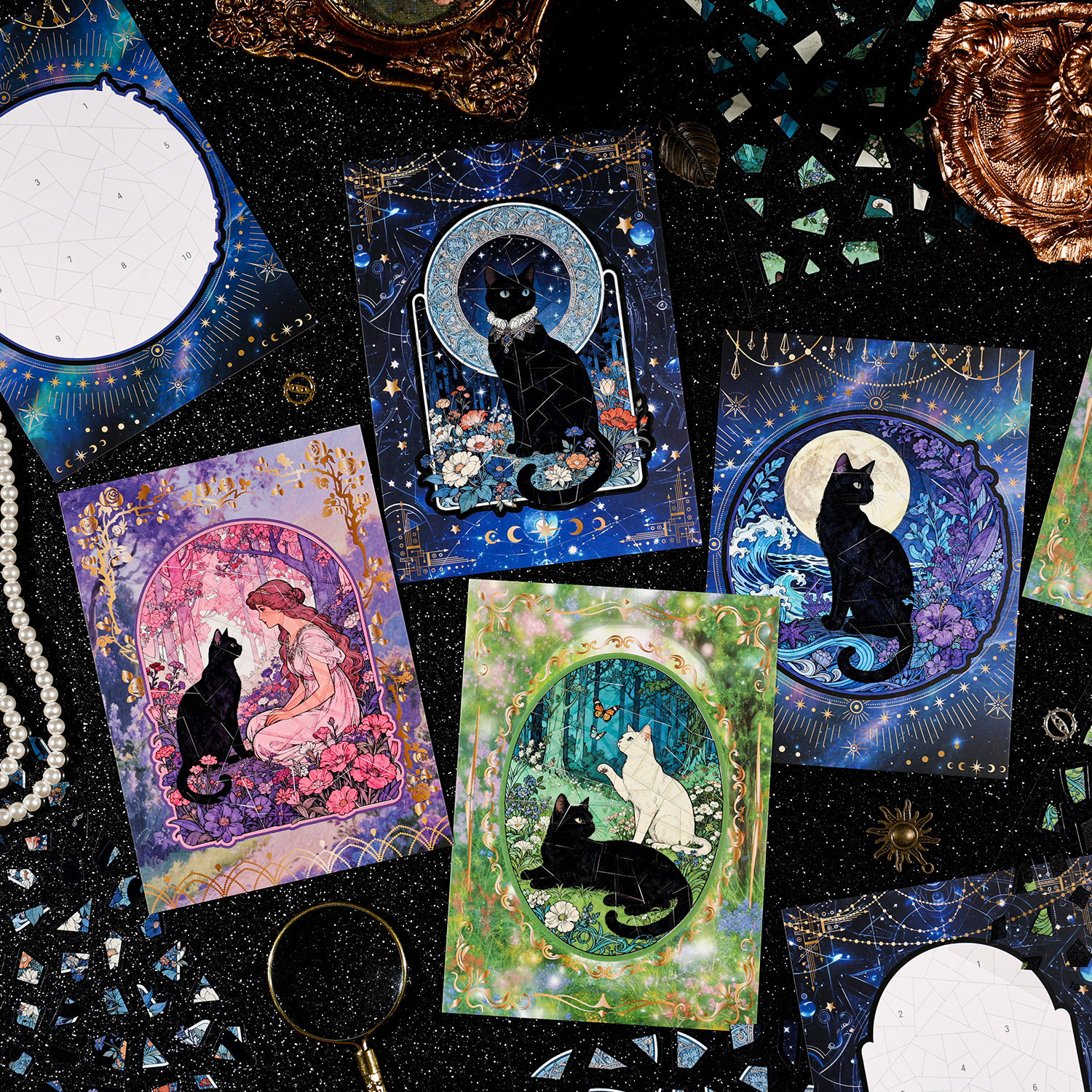 悦真复古风猫咪贴纸拼图场景贴纸星空月夜主题装饰场景素材纸贴纸