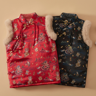 中大童棉花马甲秋冬男童中国风过年坎肩加厚拜年服女童唐装棉马甲
