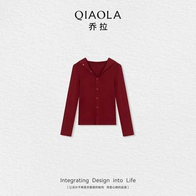 乔拉红色海军领针织开衫上衣女