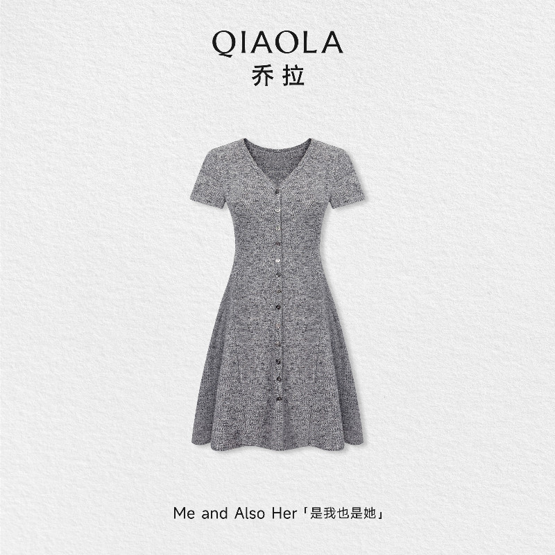 乔拉【浪漫序曲】法式v领灰色短袖连衣裙女夏季绝美小个子针织裙