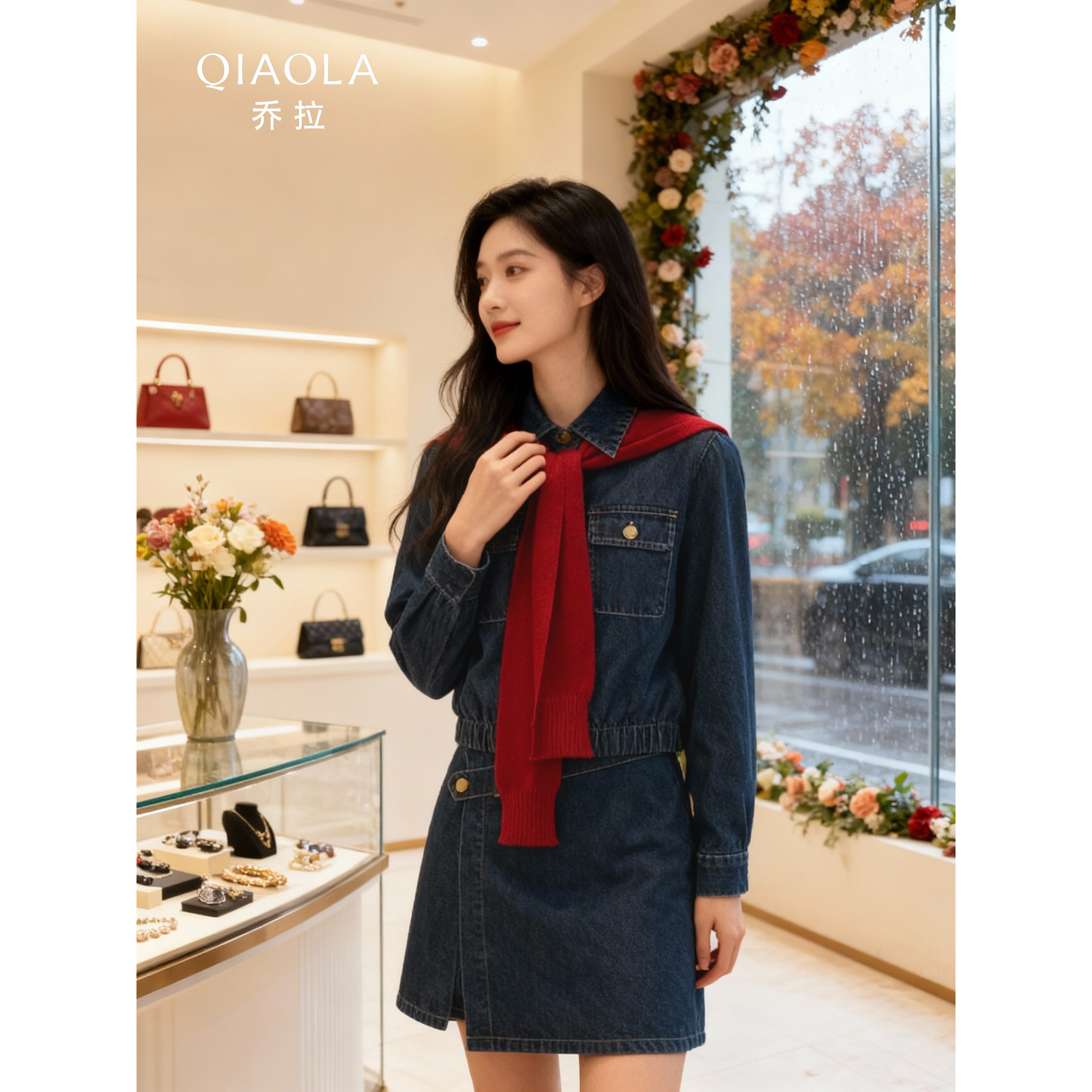 乔拉纽扣围巾上衣半身裙套装女