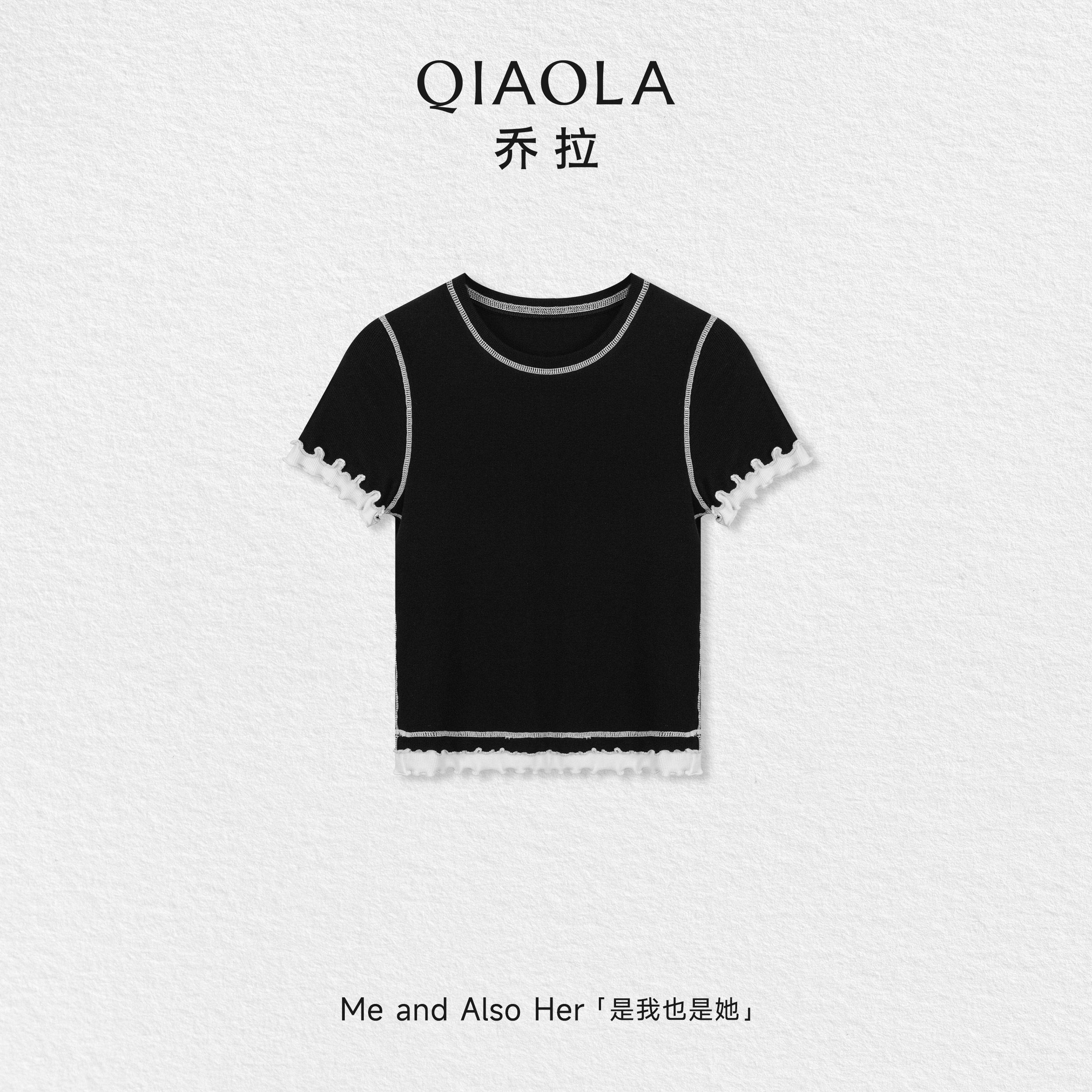 乔拉【夜影柔边】韩系拼接撞色短袖t恤女夏季木耳边黑色短款上衣