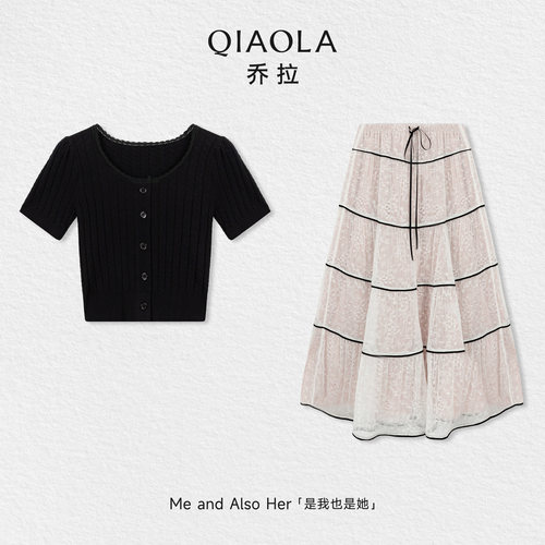 乔拉【山茶花】黑色短袖针织衫女