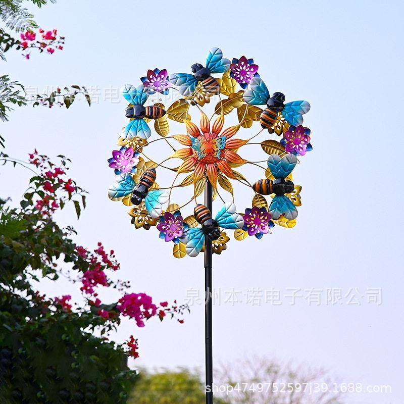太阳能蜜蜂铁艺风车户外小区庭院景区装饰金属铁艺风车地插