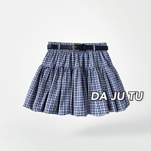 羊城故事 格纹高腰花苞半身裙女2025夏季新款学院风减龄a字短裙