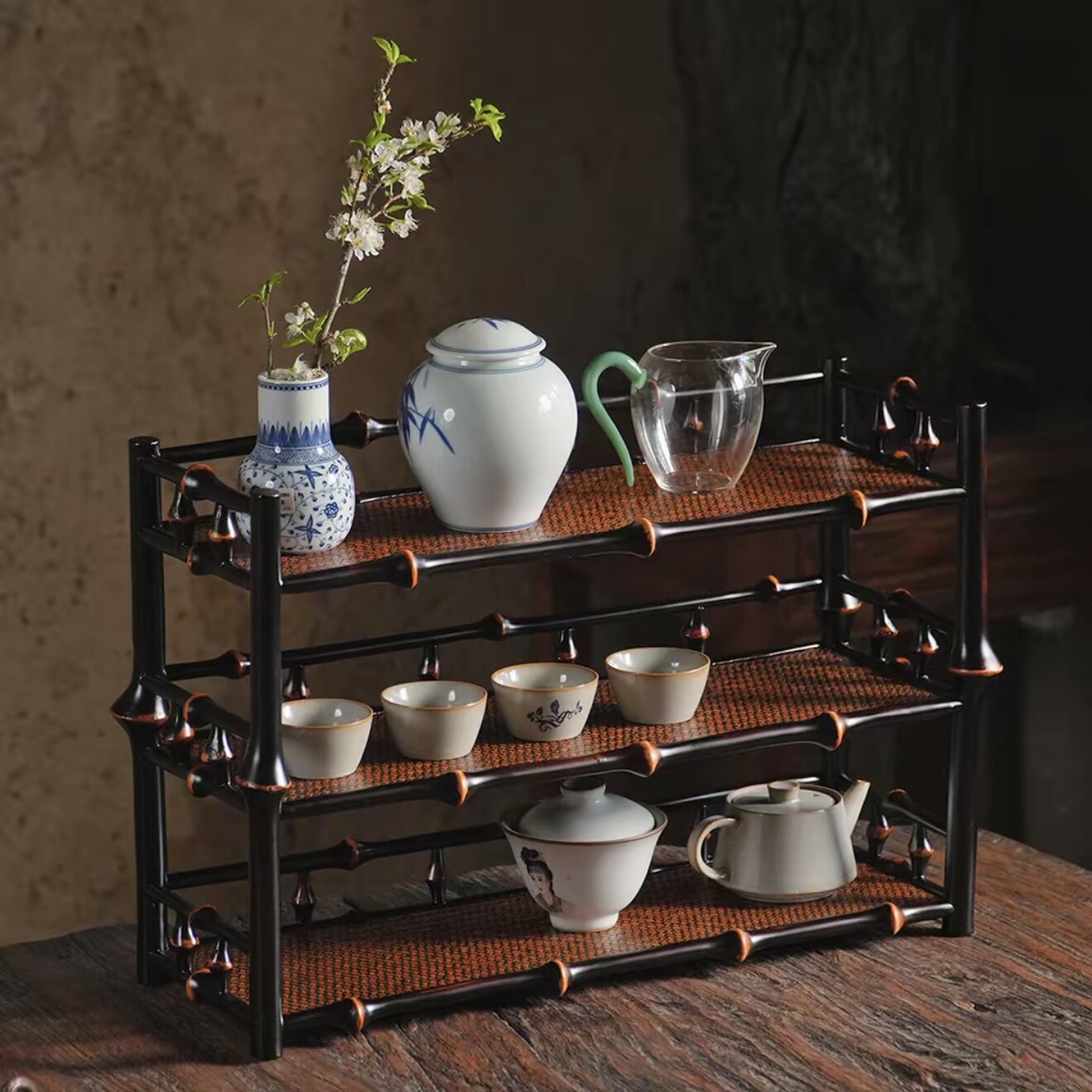 【竹影】筇竹50非遗竹编茶架茶具博古架收纳架杯架家用壶架茶道