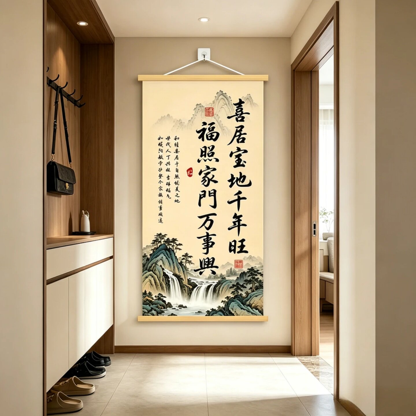 喜居宝地千年旺挂画 新中式山水书法卷轴 入户玄关客厅吉祥装饰画