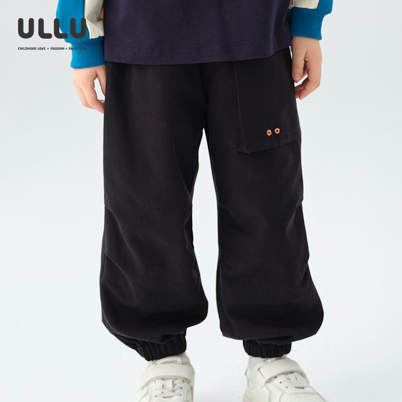 优露童装男童长裤ULLU25秋款分割加褶大口袋牛筋收口潮酷黑色长裤
