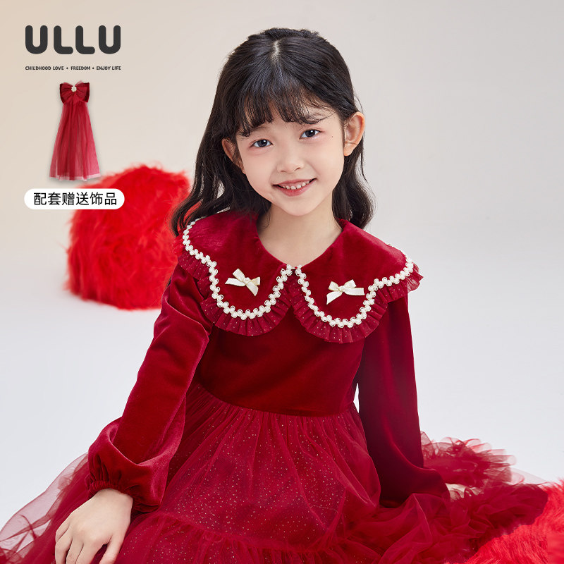 ULLU优露童装女童长袖连衣裙冬新款花瓣领丝绒拼接蓬蓬网纱公主裙