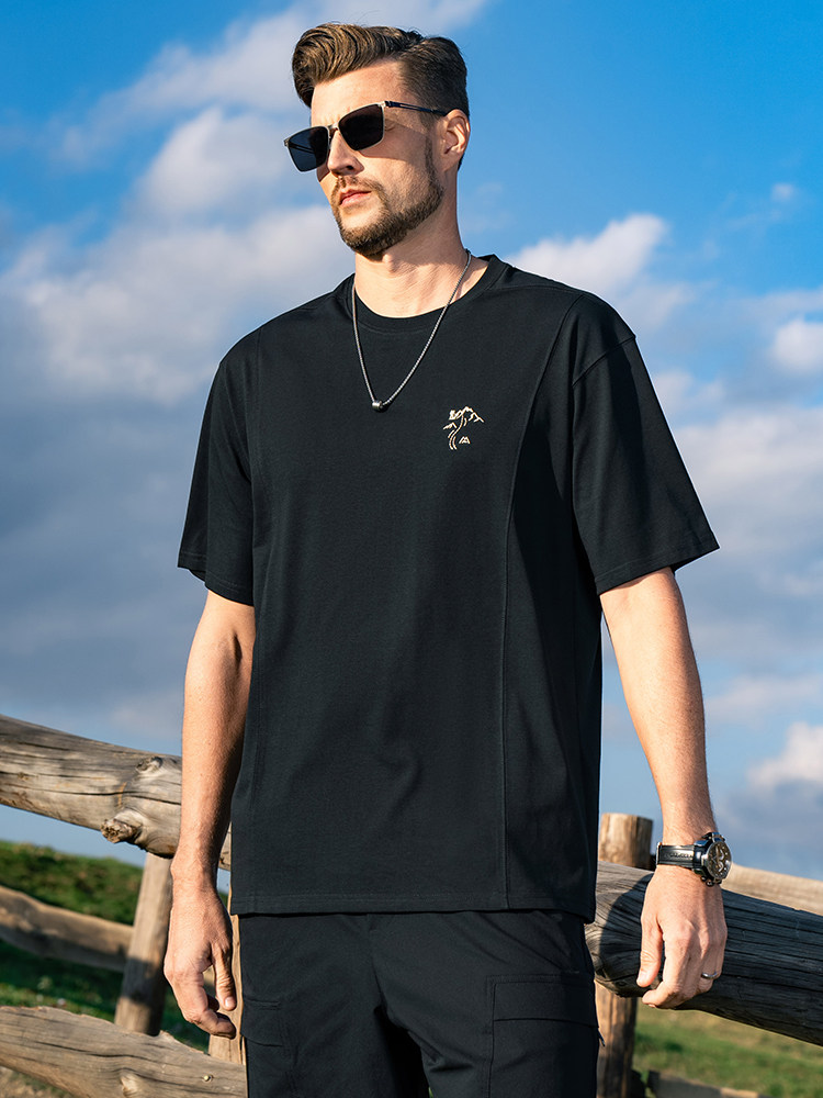 英爵伦220G重磅索罗娜短袖T恤男夏户外登山主题刺绣休闲上衣服