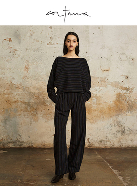 Cortana Marcel亚麻和羊毛条纹裤黑色简约高级感2024新款