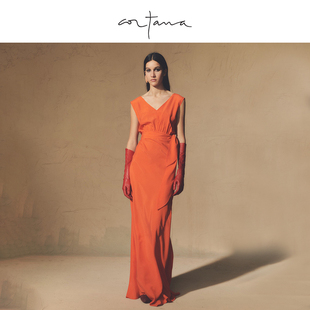 Cortana真丝无袖 长裙V领背部交叉裙摆蝴蝶结绑带连衣裙VERA系列