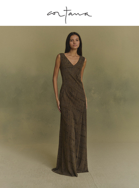 Cortana Mire设计感格纹无袖连衣裙 长款V领显瘦裙秋冬长裙