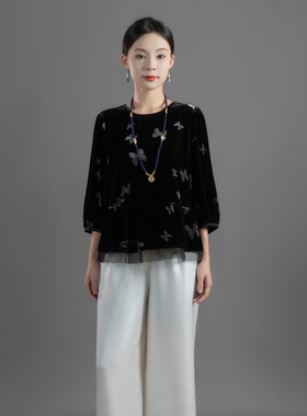 梦蝶-秋季100%桑蚕丝设计款丝绒圆领七分袖上衣SY2683-SY2686