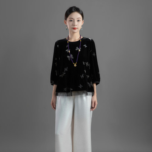 真丝丝绒圆领设计师款2025上衣