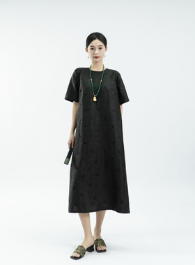 芬领-梨夏-非遗桑蚕丝香云纱龟纹提花圆领连衣裙SY2039-SY2042