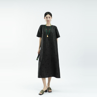 芬领-梨夏-非遗桑蚕丝香云纱龟纹提花圆领连衣裙SY2039-SY2042