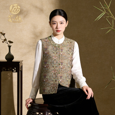 芬领-卷草石榴纹锦-非遗桑蚕丝蜀锦幻彩提花马甲BX1835-1837